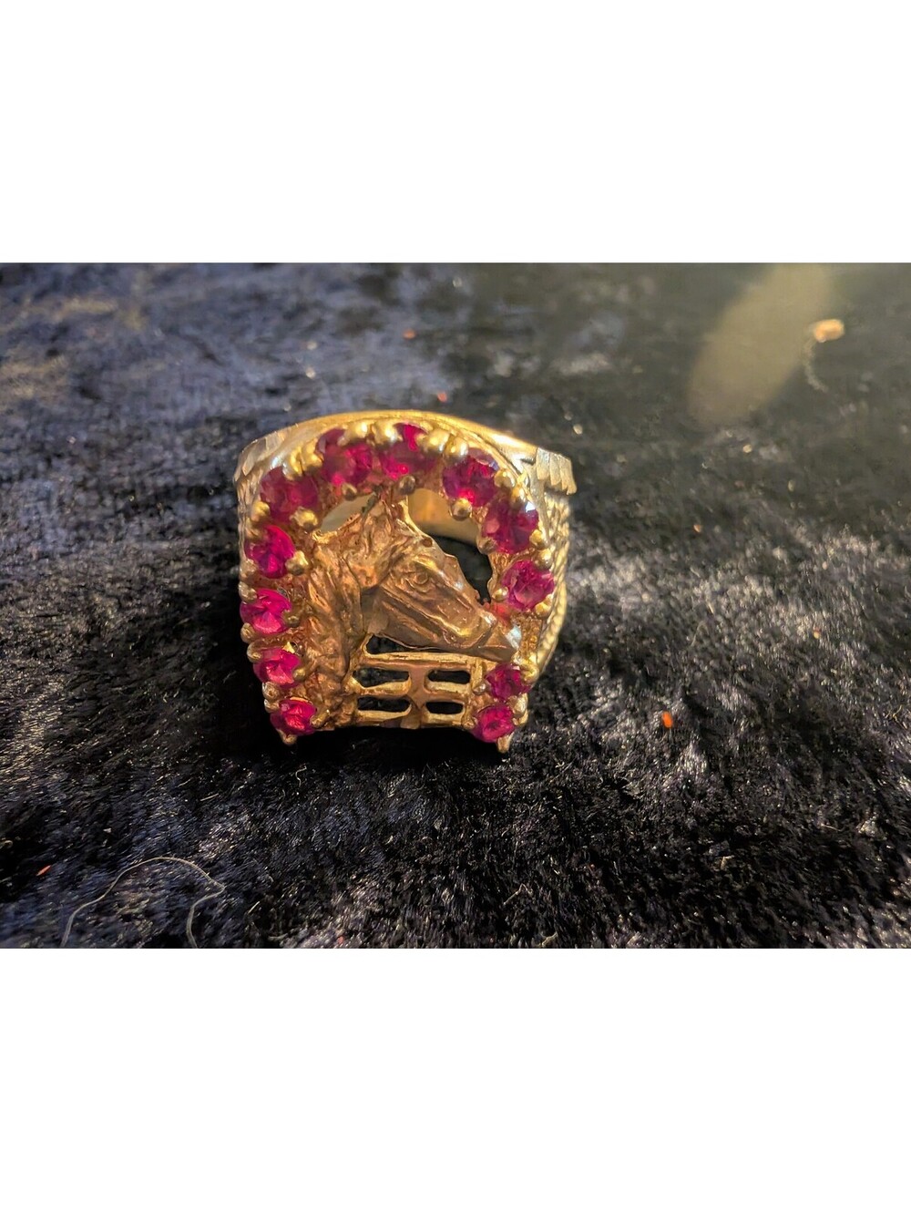 Vintage Gold Tone Horse Head Ring with Red Rhinestones